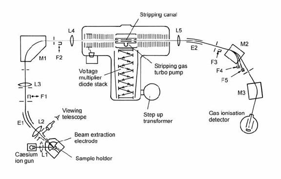 Schematic illustration of the Toronto tandem accelerator showing typical features of such instruments. 