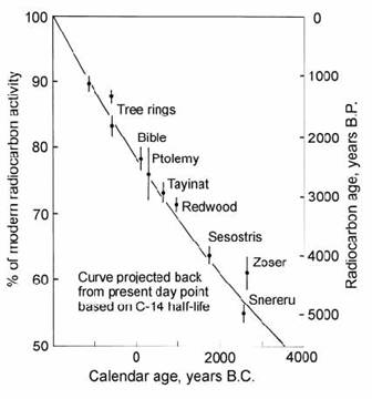 Plot of measured 14C activity (disintegrations per minute per gram of carbon) in archaeological samples of known age against predicted activity based on modern wood and a 5568 yr half-life.